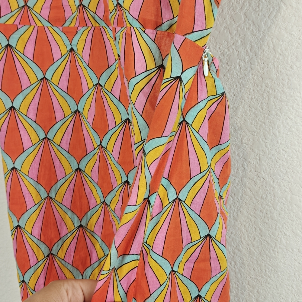Kalimera Scalloped Geometric Cotton V-Neck Open Back Dress S/M Chic Summer Midi - Picture 8 of 16